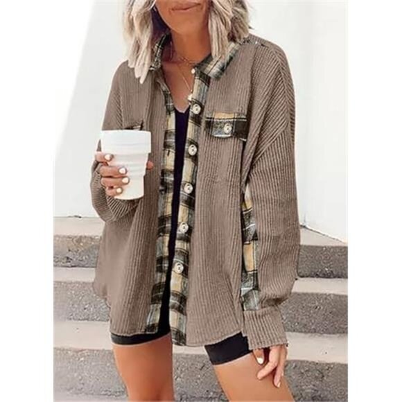 Women's Waffle Knit Plaid Shacket –  Button-Down Shirt Jacket - Picture 2 of 7